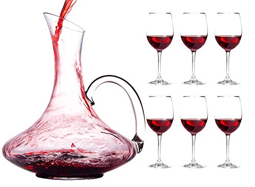 Chefs Star Crystal Wine Aerator Decanter with Handle Hand Blown 61 oz Carafe Wine Gift Set with 6 Stemmed Wine Glasses