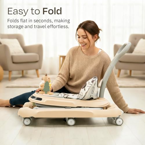 Image of Baybee 3-in-1 Convertible Baby Walker for 6-18 Months with Rocking Mode, Removable Toy Bar, Inbuilt Music, 3-Level Height Adjustment, Smooth Wheels & Parental Handle | Foldable Infant Activity Walker with Cushioned Seat (Beige)