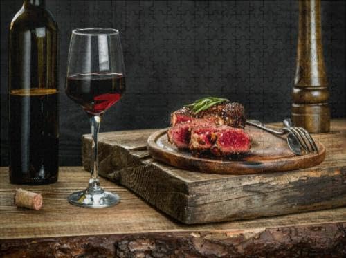 Puzzles for Adults 500 Pieces Jigsaw Puzzles Grilled ribeye Beef Steak red Wine Herbs and Spices Wooden Table Clearance Big Large Difficult Cool Hard for Adults -  ZHEONARTU
