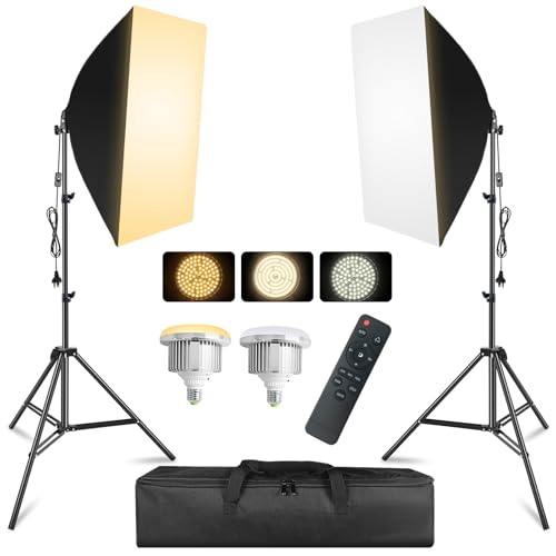MSKIRA Softbox Lighting Kit 2X85W 2700-6400K Bi-Color LED Dimmable Soft box Light Stand With Control Temperatures (White, Warm, Cool) Bulbs Studio Softboxes for Portraits, YouTube, Photography