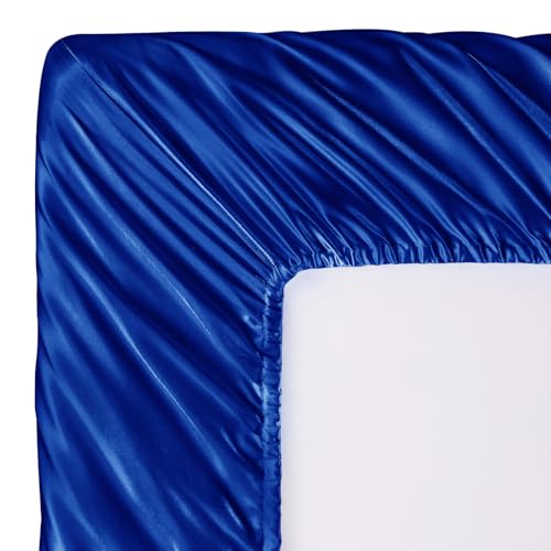 Image of SiinvdaBZX 3-Piece Set Satin Full Fitted Sheet & 2 Pillowcase, Royal Blue Silky Soft Fitted Bottom Sheet, Wrinkle Free, Fade Resistant, Deep Pocket Bed Sheet (Deep Up to 15 inch)