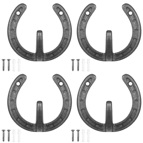 4 Pcs Cast Iron Horseshoe Shaped Wall Hooks - Vintage Coat Hat Horse Hanger - Farmhouse Decorative Hooks for Hanging Robe Towels Coats Bags