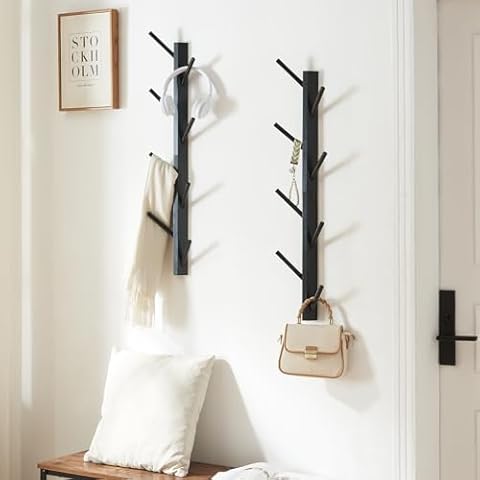 TIOPGHAD 2 Pack Coat Rack Vertical Wall Mount, Bamboo Coats Hooks Clothes Holder Hanger for Wall Coat Hat Jacket Clothing Bathroom Robes Mudroom Entryway(Black) Cover