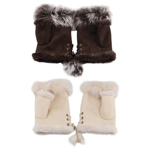 GTYHH 2 Paar Damen-Halbfingerhandschuhe, Winter-Warmhandschuhe, Vintage-Kunsterhandschuhe, Weiche Plüschhandschuhe