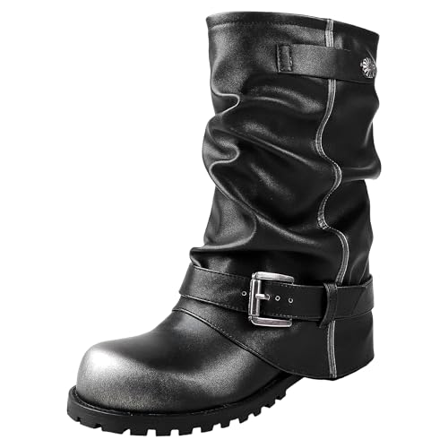 Women’S Mid-Calf Boots | Cow Leather Chunky Heel Motorcycle Style