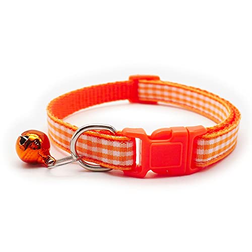 Small Dog Puppy Pet Collar Check Checkered Design with Bell Nylon Adjustable Size 19-32cm Orange - Image 2