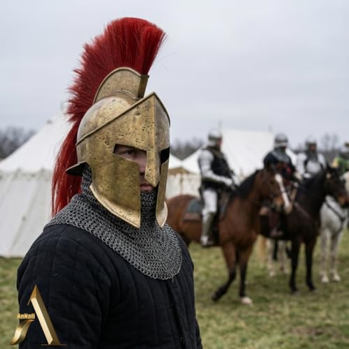 Image of AnNafi Medieval Armor King Leonidas Greek Spartan Roman Agamemnon Helmet Red Plume LARP SCA Reenactment Cosplay Helmet Men's Warrior Headwear Costume Accessories 300 Sparta Replica Knights Helmets