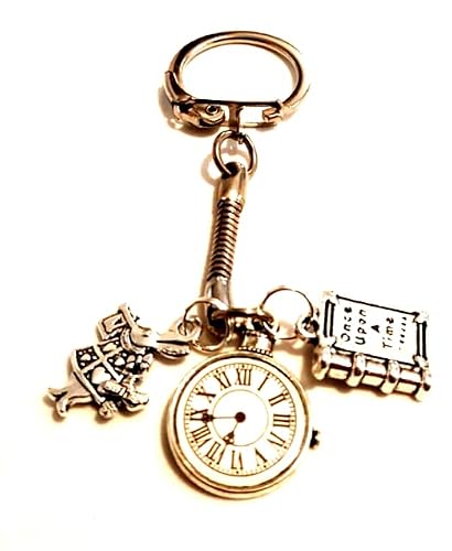 Image of Retro Alice in Wonderland Snake Keyring, Once Upon A Time Book, White Rabbit & Pocket Watch, I'm Late Keychain, Fairytale, Cosplay, Story