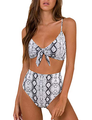 Blooming Jelly Womens High Waisted Bikini Set Tie Knot High Rise Two Piece Swimsuits Bathing Suits (Large (US 10), Snakeprint)