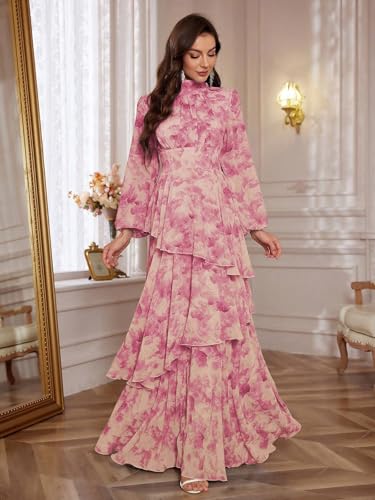 Image of TOLEEN Summer Casual Dresses for Women 2024 Spring Fashion Boho V Neck Long Sleeve Ruffle Floral Print Elegant Maxi Dress