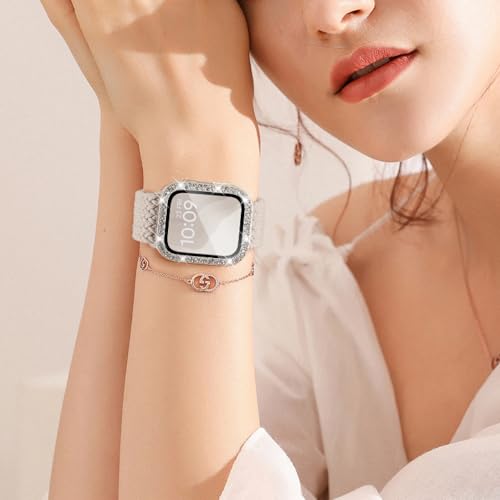 Braided Stretchy Band Compatible for Apple Watch Bands for Women and Case 40mm 41mm 42mm 44mm 45mm 46mm, Solace Solo Loop Bling Diamond Screen Protector Cover for iWatch Series 11 10 9 8 7 SE 6 5 4 by Knossen - Used condition - Image 7