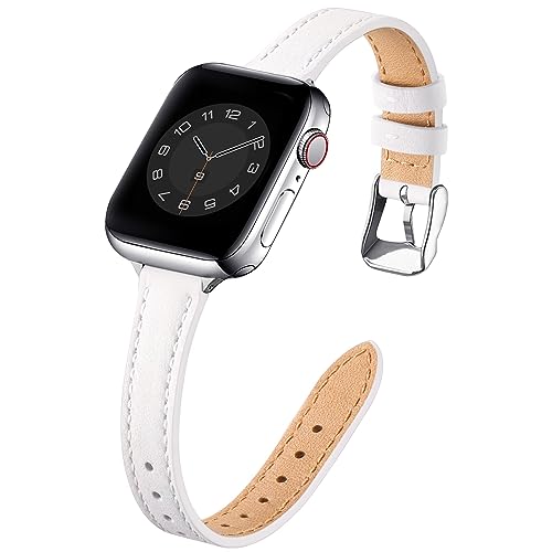 Image of STIROLL Slim Leather Bands Compatible with Apple Watch Band 49mm 46mm 45mm 44mm 42mm(Series 3 2 1), Top Grain Leather Watch Thin Wristband for iWatch Ultra SE Series 11 10 9 8 7 6 5 4(White Silver)