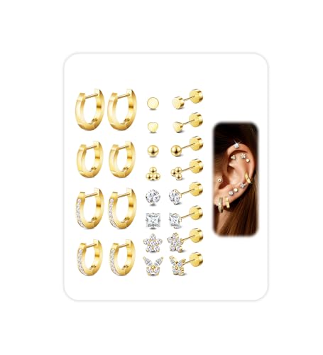 Hypoallergenic 14K Gold Flat Back Earrings Stacks for Women:316L Surgical Steel Small Hoops Earrings 20G Flat back Studs for Cartilage, Helix, Tragus|Trendy Earring Set for Multiple Piercing