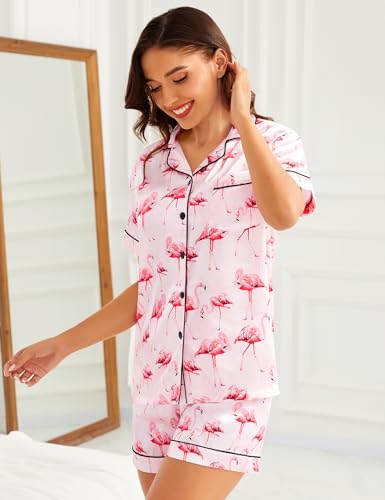 Image of SWOMOG Womens Silk Satin Pajamas Set Short Sleeve Sleepwear Button Down Top and Shorts Loungewear 2 Piece Pjs Set XS-3XL