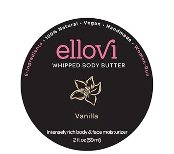 Ellovi All-Natural Luxuriously Whipped Body Butter - Vanilla - Pure Enough to Eat - Made With Just 6 Vegan Ingredients - 100% Plant-Based Moisturizer For Naturally Healthy Skin 2 fl. oz/59ml