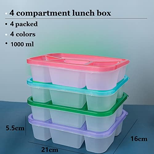 Meider 4 Pack Bento Box with Compartments, Reusable Lunch box sets Colored Food Storage box sets for kids or Adult, (4 Compartment)