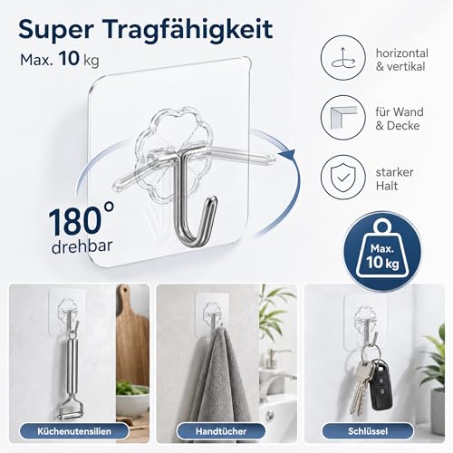 EOSWRU Klebehaken Transparent, 30 Stück Klebehaken Extra Stark, Selbstklebend Haken ohne Bohren, bis zu 10 kg, wasserdicht & ölfest… – Ansicht 3