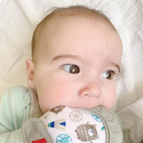 Nuby Beruhigender Fäustling zum Zahnen mit hygienischer Reisetasche, Grau