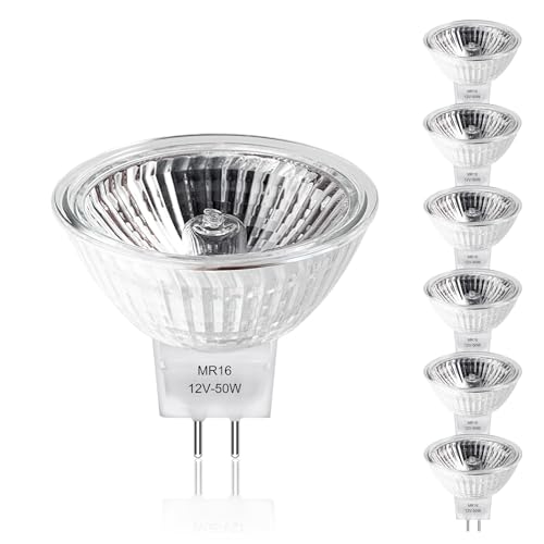 KIMLOONG MR16 Halogen Bulbs 2 Pin 12V 50W 6 Packs Halogen Light Bulbs Gu5.3 Base Dimmable with Clear Glass Cover 2700K Warm White for Landscape Lights Track Lights Fiber Optics Desk Lamps