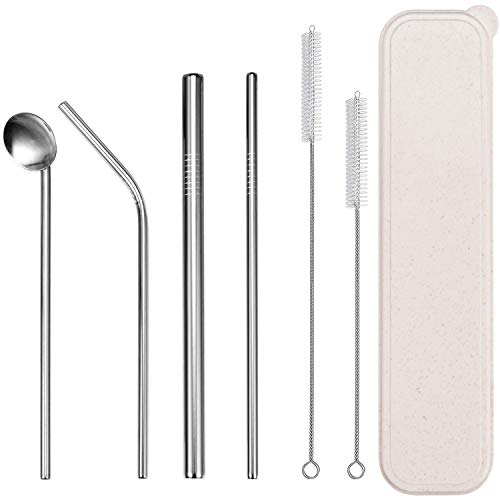 ANEWISH Lot de 7 pailles en Acier Inoxydable réutilisables (4 pailles, 2 brosses de Nettoyage et 1 boîte de Rangement) pour Cocktails, Smoothies, Bubble Tea argenté