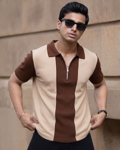 Image of AUSK Men's Textured Vertical Striped Knit Polo T-Shirt | Half Sleeve Zipper Neck Self-Design Casual Tee | Mens Tshirts