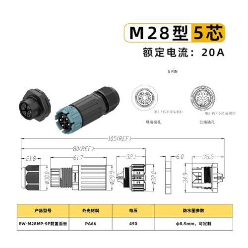 Conector impermeable de aviación de 5 pines EW-M28MP tornillo para cable 5-9mm 3