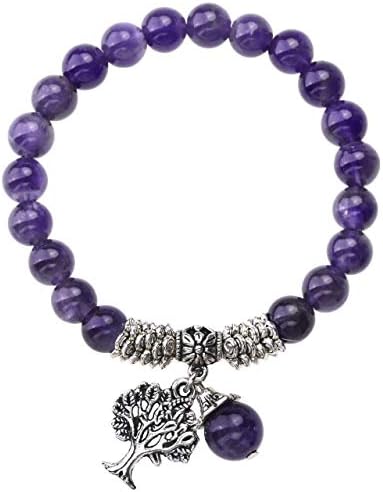 Jovivi 8MM Purple Amethyst Natural Gemstone Healing Point Tree of Life Lucky Charm Stretch Bracelet