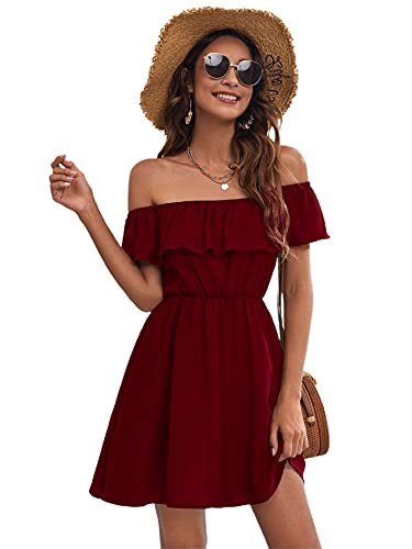 Soly Hux Women Summer Off The Shoulder Ruffle Flounce Short Sleeve Strapless A Line Mini Short Dress White Floral S #TOP19