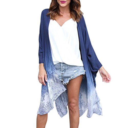 haoricu Women Cardigan, Womens Open Front Floral Print Chiffon Loose Shawl Kimono Cover up Shirt (L, Blue)