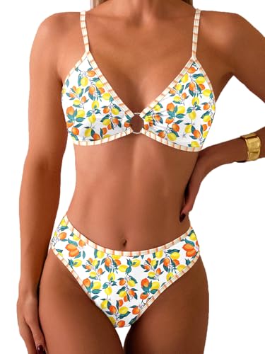 Image of Fanuerg Women's Triangle Bikini Sets O Ring Linked Two Piece Swimsuits Floral Printed Cheeky Bathing Suit