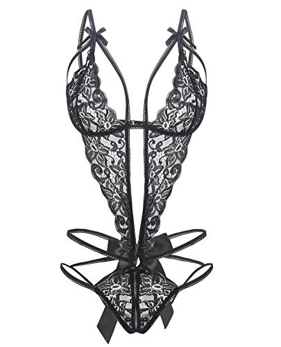 Donnalla Women's Deep V Lace Teddy One Piece Lingerie Cutout Strappy Lingerie, Black, Small