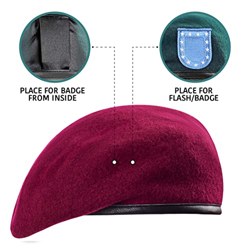 Saalvi 100% Wool And Leather Military Beret For Men And Women Wool Beret Hat, Soft Satin Lining, Maroon 6 1/2 #TOP2