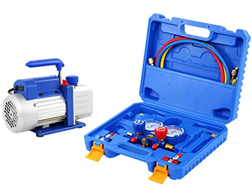 Bomba de Vacío de 4CFM 1/3HP para Aire Acondicionado y Refrigeración, Kit con Manómetro, Ideal para Sistemas R410A, R134A, R22 (Azul y Blanco) miniatura 1