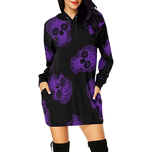 CZVEVOY Womens Skull Printed Pullover Hoodies, Drawstring Long Sleeve T Shirt Dress Casual Hooded Sweatshirt with Pocket,Purple,L