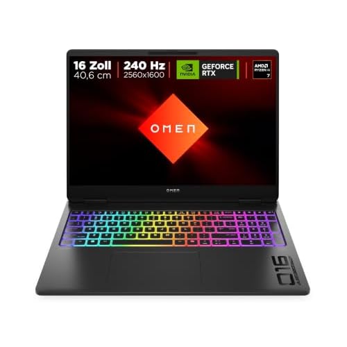 Omen MAX Gaming Laptop, 16 Zoll WQXGA Display 240Hz, AMD Ryzen AI 7 350 (8C) 50 NPU Tops - bis zu 5.0 GHz, NVIDIA GeForce RTX 5070 Ti 12GB VRAM, 32 GB RAM, 1 TB SSD, Win 11, QWERTZ, RGB Light, Schwarz