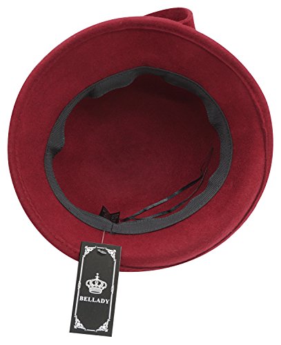 Bellady Women Solid Color Winter Hat Wool Cloche Bucket with Bow Accent,Dark Red - Thumbnail 6