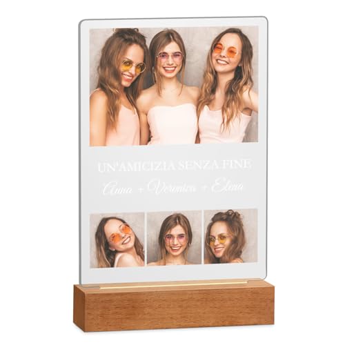 Maverton Cornice LED luminosa con supporto in legno - Quadro in vetro acrilico personalizzato con collage di foto - Lampada con foto per uomo per il compleanno - 15x24x4,5cm - Amicizia