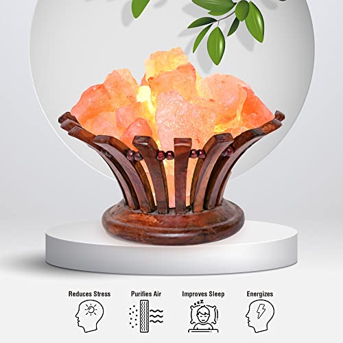 Pohs Natural Himalayan Salt Lamp Wooden Basket(Flower Shape) Hand Carved Crystal Rock Salt From Himalayan Mountains; Hand Crafted Premium Wood Base, Ul-Listed Dimmer Cord, Extra Bulb #TOP2