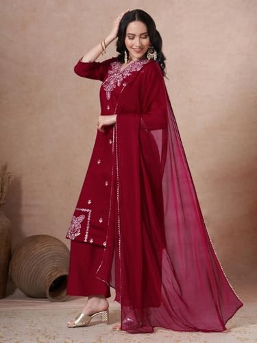 Ensemble kurta droite brodé en viscose avec palazzo marron taille L