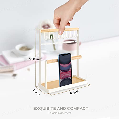 Pamano Jewelry Organizer Necklace Stand Holder, 4-Tier Hanging Wooden Ring Earring Tray, 8 Hooks Necklaces Storage 12 Earring Holes, Bracelets, Rings & Watches Display On Desk Tabletop - White #TOP4