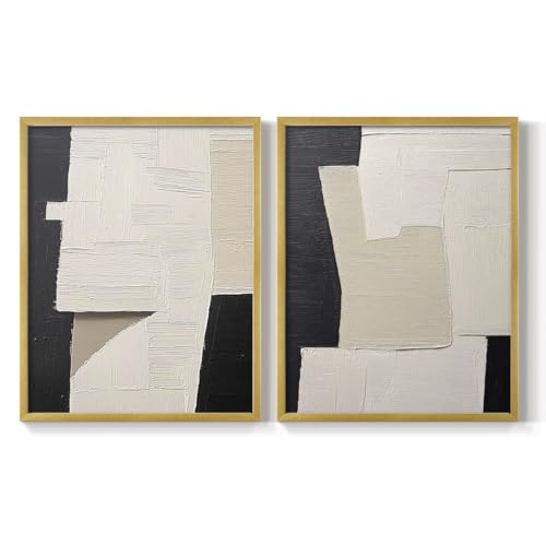 Renditions Gallery Set of 2 Peel & Stick Framed Prints, Abstract Wall Art, Rustic Geometric Shapes in Black & Cream Wall Decor, Re-Stickable - Ready to Hang - 11"x14" - Gold Frame LT608