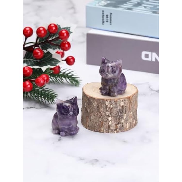 CrystalTears Amethyst Crystal Cat Figurine Carved Healing Crystal Gemstone Cat Lucky Cute Stone Cat Statue Ornament for Home Office Desk Meditation Decor Mini Cat Gifts for Cat Lover Christmas