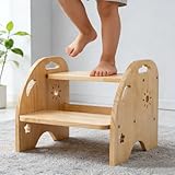 Tritthocker Kinder Holz 2 Stufen - 32x31,8x38cm rutschfest Tritthocker Holz mit Griff, 200kg Belastbarkeit, für Bad, Waschbecken, Küche, Kinderzimmer, Schlafzimmer, für Erwachsene & Kinder