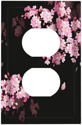 Cherry Blossom Pink Floral Blooming Flower Spring 1 Gang Duplex Outlet Covers Light Switch Cover Wall Plate Decorative Black Aesthetic Electrical Receptacle Faceplate for Home Decor
