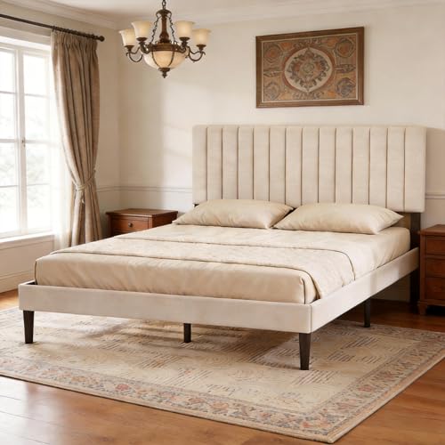 Image of KUTAS 5FT King Size Bed Frame 150 x 200 cm, Upholstered Bed Frame with Adjustable Headboard (3 Heights), Heavy Duty Metal Frame, Easy Assembly, Noise Free, Underbed Storage, 500kg,No Box Spring, Beige