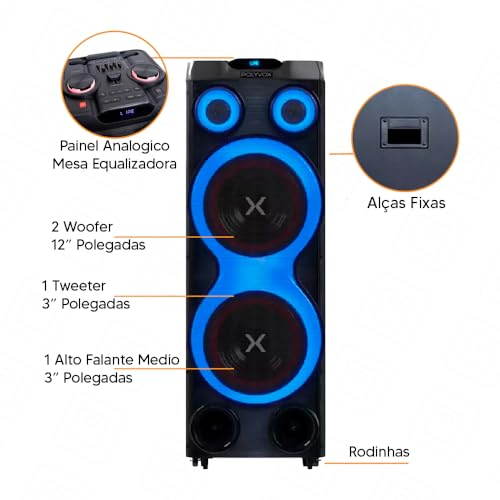 Caixa de Som Polyvox XT-2212T Mesa Equalizadora BT LED 2500W-1 MiC