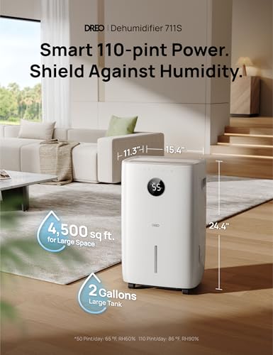 Image of DREO 110-Pint Smart Dehumidifier for Basement, 4500 Ft for Large Room, 2 Gallon Water Tank, Auto /Comfort /Constant Mode Dehumidifiers for Home, Bedroom, Bathroom, with Drain Hose, Starlight, 711S
