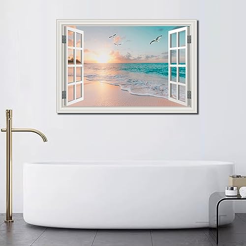 Beach Wall Art Pictures for Living Room Ocean Theme Canvas Wall Decor Window Frame Style Sunset Painting for Bedroom Large Sea View Print for Bathroom Office Home Decoration, Ready to Hang(32"*48") by JNMD ART - Used condition - Image 5