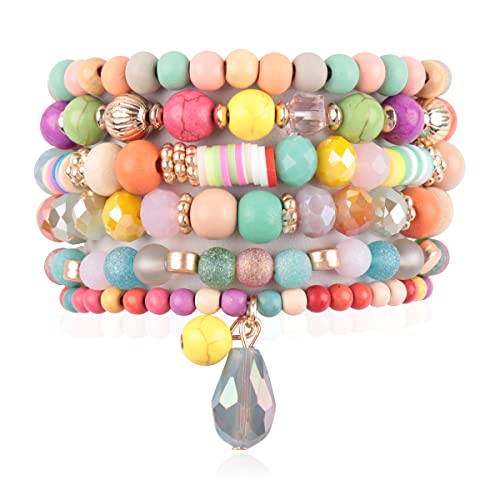 Bracelet plastron multi-rangs de perles empilables et cristaux avec pompon