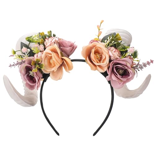 MOSTORY Schafs Kopfschmuck Hörner Headband für Karneval Kostüm Damen Weiß Teufelshörner Horns Stirnband Haarreif mit Blumen für Renaissance Accessoires Cosplay